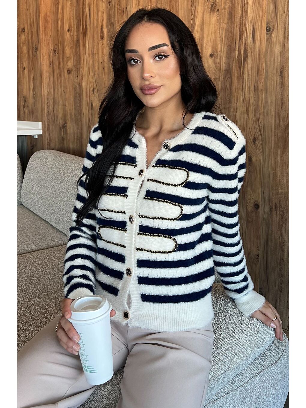 Lacivert Çizgili Yumoş Triko Hırka-1