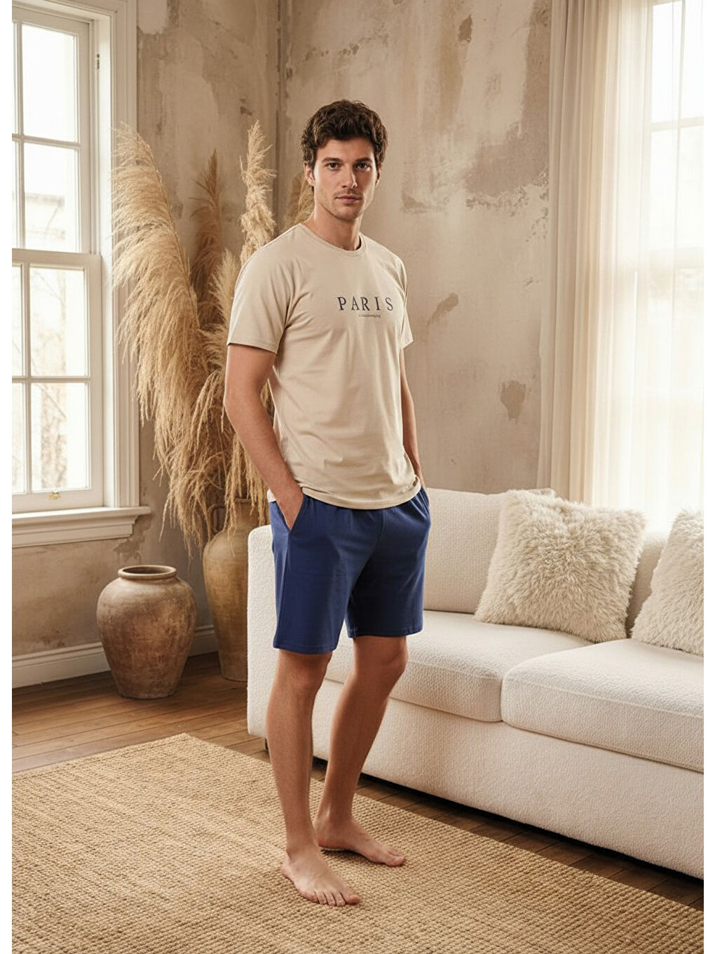 Ekru %100 Pamuklu Kısa Kollu Cepli Erkek Şortlu Pijama Takımı 2016-1