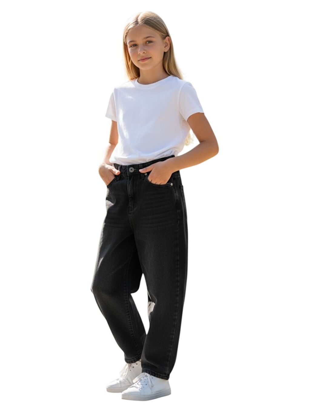Siyah Kız Çocuk Wide Baggy Fit Geniş Paça Jean Pantolon-1