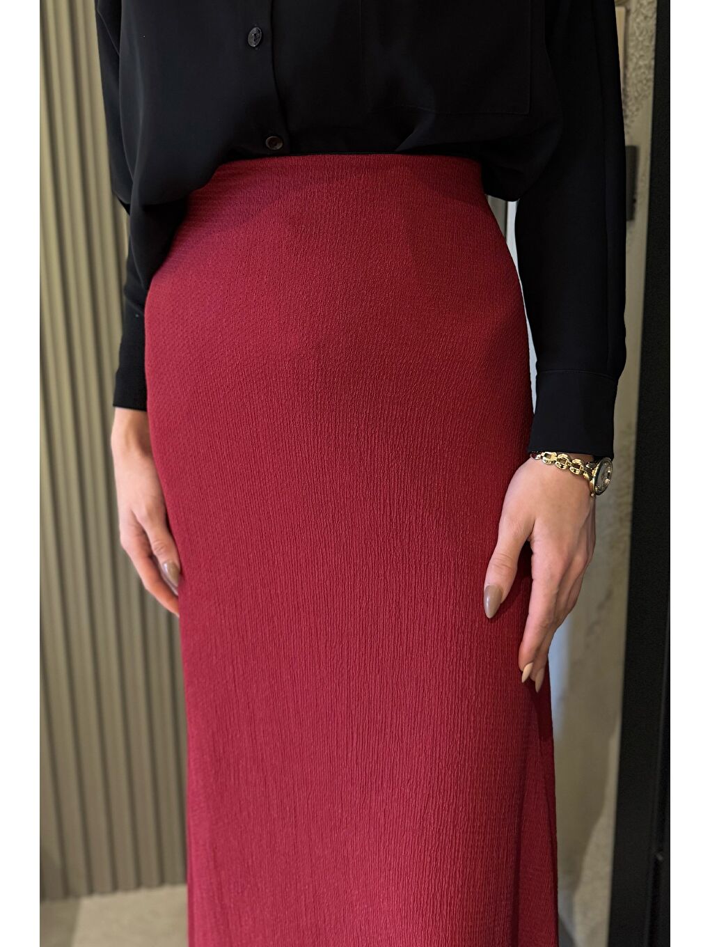 Bordo Kadın Düz Renk Bel Lastikli Bürümcük Tesettür Kiloş Etek-5