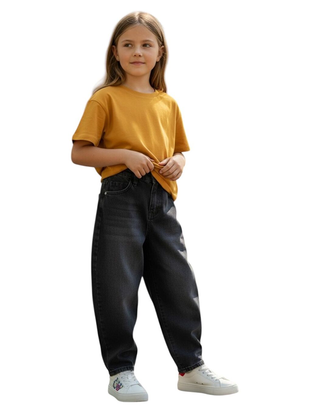 Siyah Kız Çocuk Wide Baggy Fit Geniş Paça Jean Pantolon-2