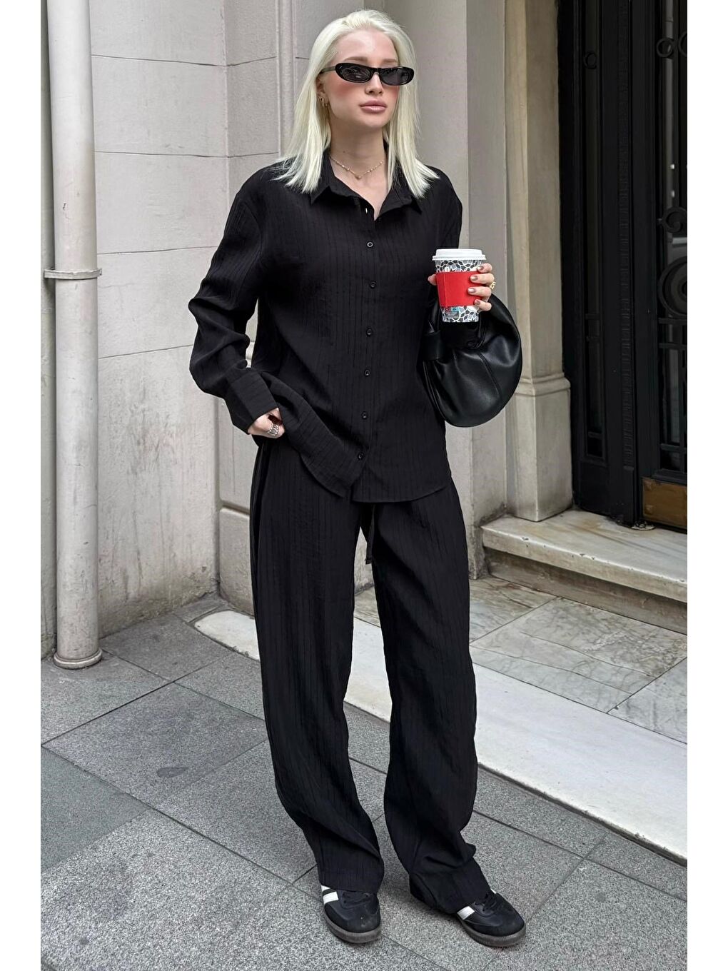 Siyah Çizgili Kadın Gömlek Takım Mg2695-1