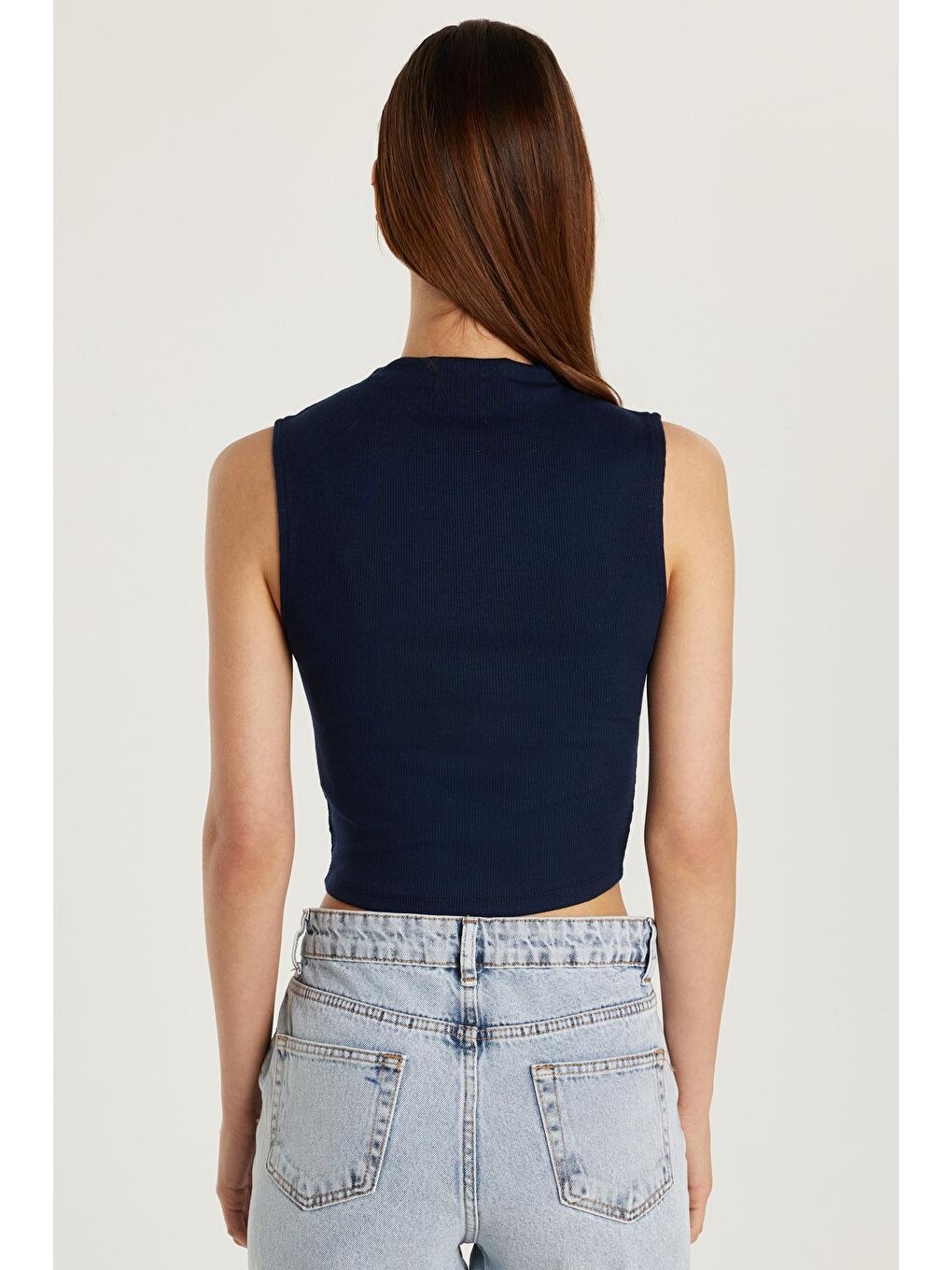 Kadın Slim Fit Dar Kesim Sıfır Kol Fitilli Modal Kumaş Lacivert Bluz-3