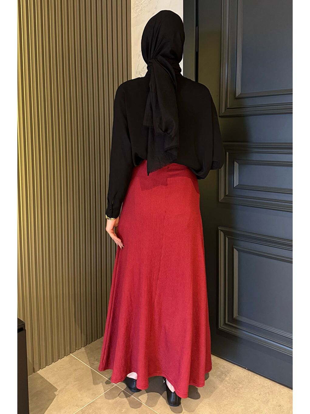 Bordo Kadın Düz Renk Bel Lastikli Bürümcük Tesettür Kiloş Etek-6