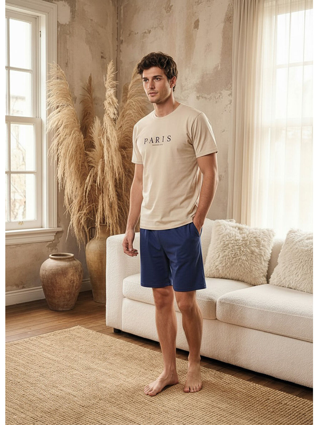 Ekru %100 Pamuklu Kısa Kollu Cepli Erkek Şortlu Pijama Takımı 2016-2