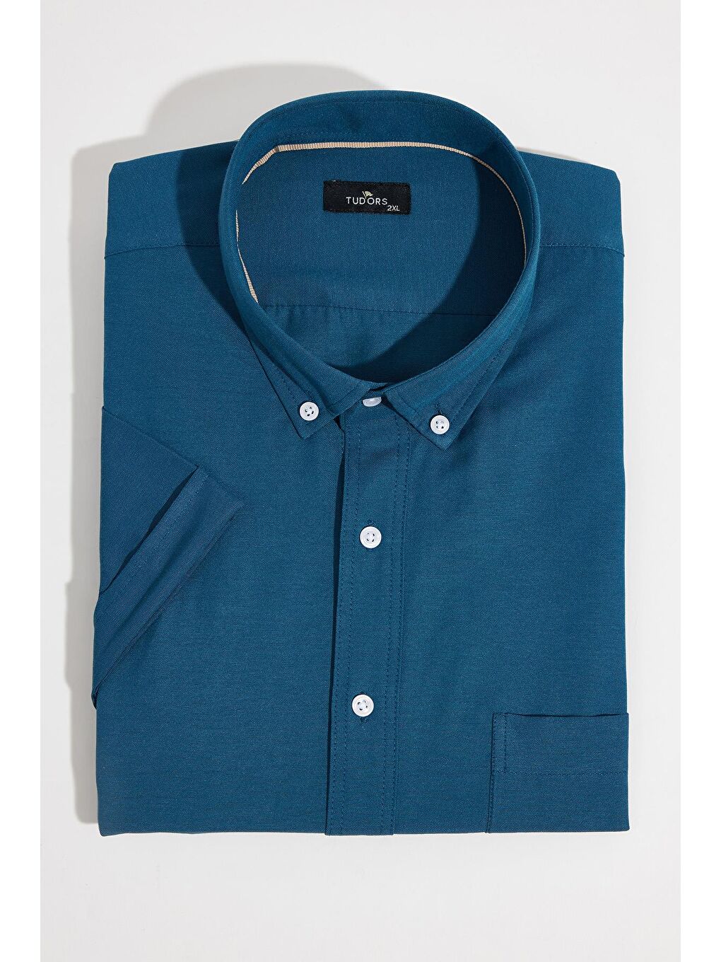 Erkek Büyük Beden Kısa Kol  Yaka Düğmeli Pamuklu Cepli Düz Petrol Gömlek