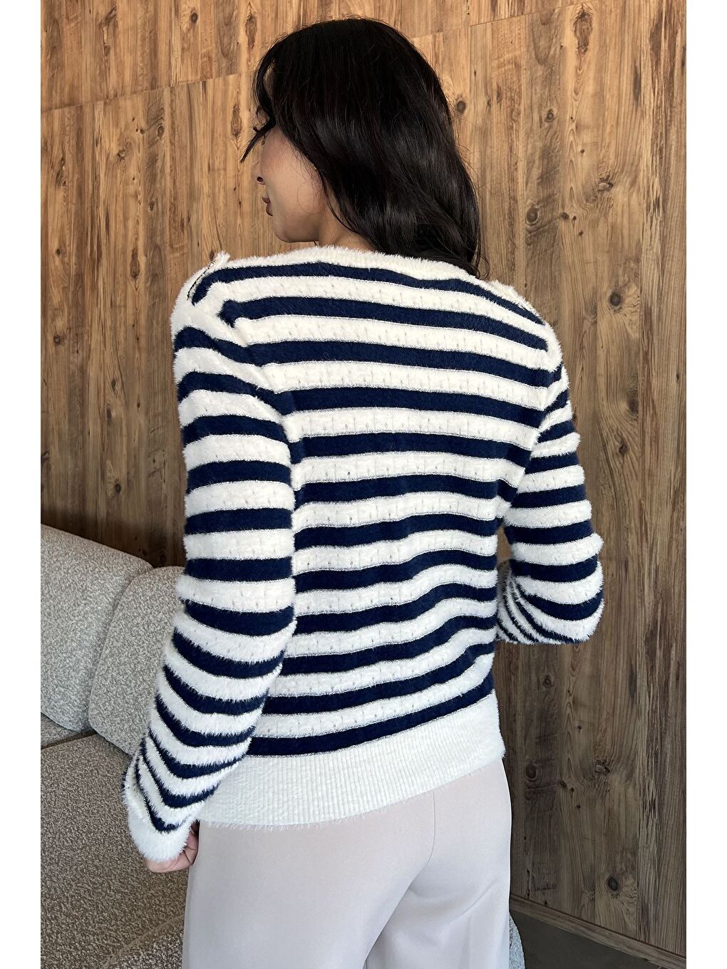 Lacivert Çizgili Yumoş Triko Hırka-3