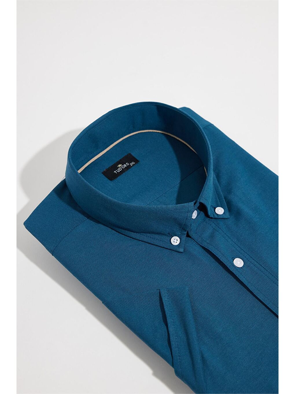 Erkek Büyük Beden Kısa Kol  Yaka Düğmeli Pamuklu Cepli Düz Petrol Gömlek-1