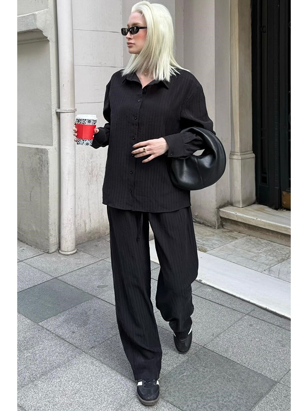 Siyah Çizgili Kadın Gömlek Takım Mg2695-2