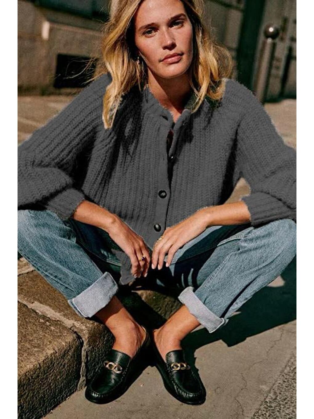 Antrasit Bisiklet Yaka Selanik Örgü Düğmeli Kadın Hırka Mg2487-3