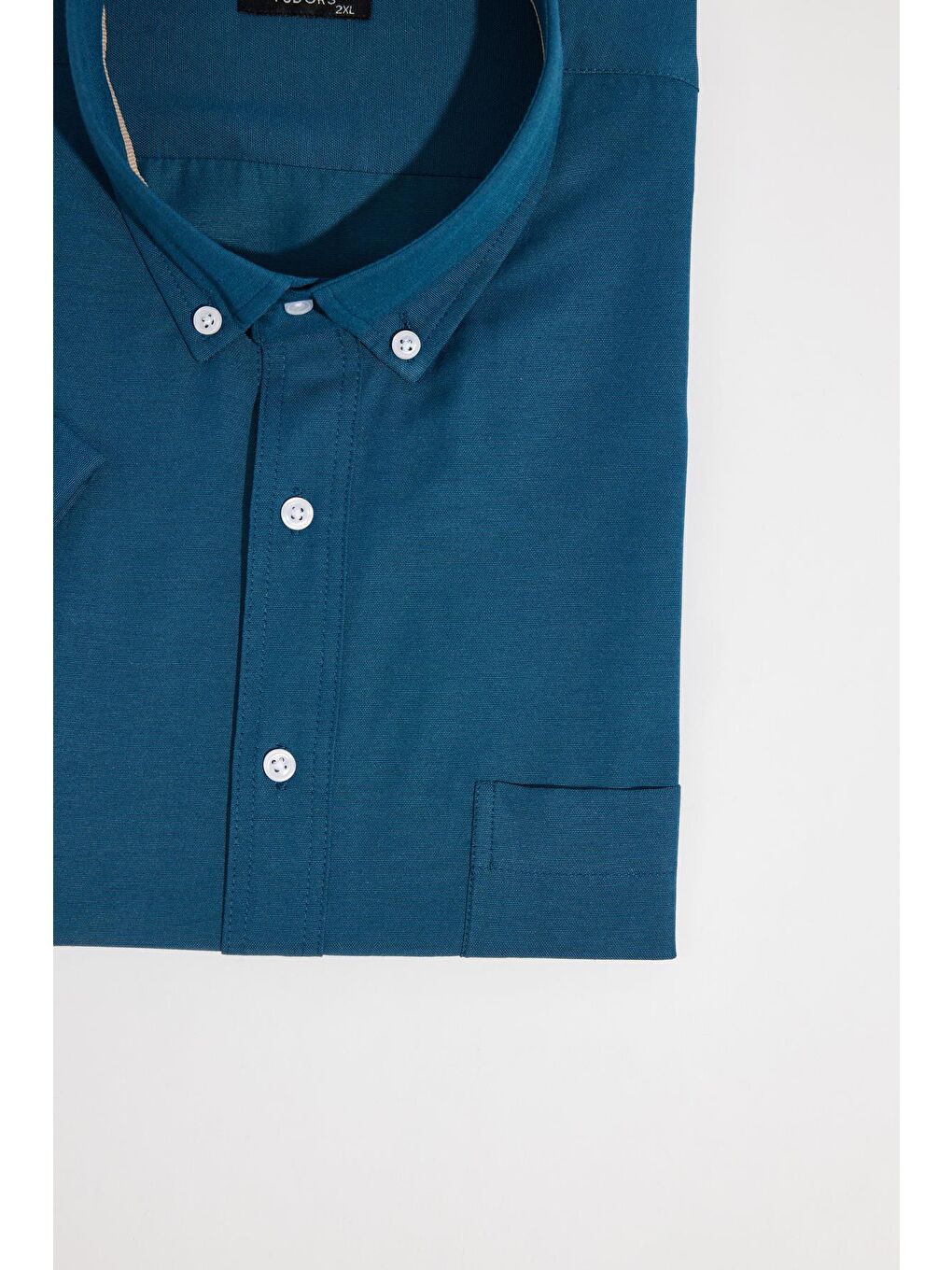 Erkek Büyük Beden Kısa Kol  Yaka Düğmeli Pamuklu Cepli Düz Petrol Gömlek-2