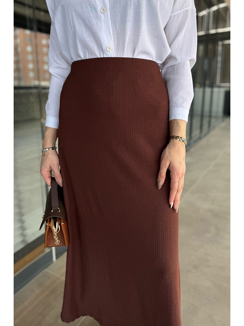 Kahverengi Kadın Düz Renk Bel Lastikli Bürümcük Tesettür Kiloş Etek-5