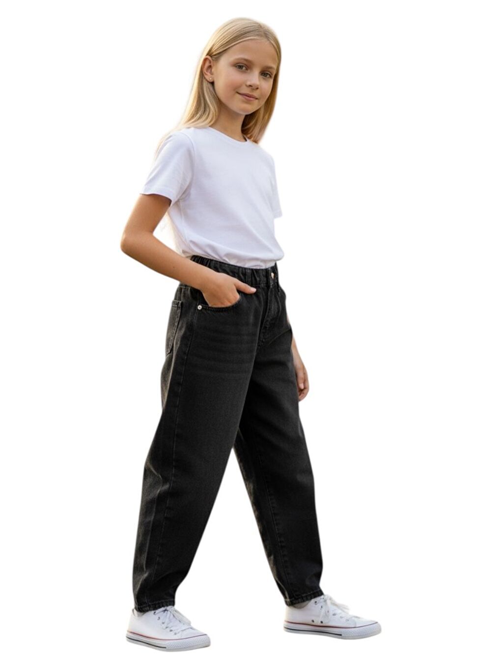 Siyah Kız Çocuk Wide Baggy Fit Geniş Paça Jean Pantolon-4