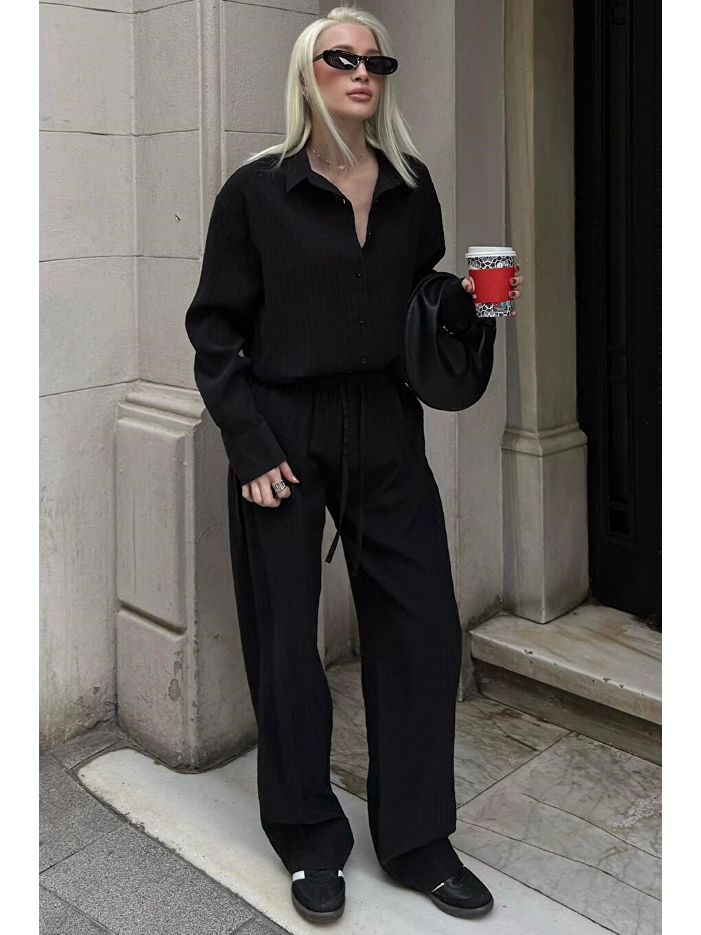 Siyah Çizgili Kadın Gömlek Takım Mg2695-3