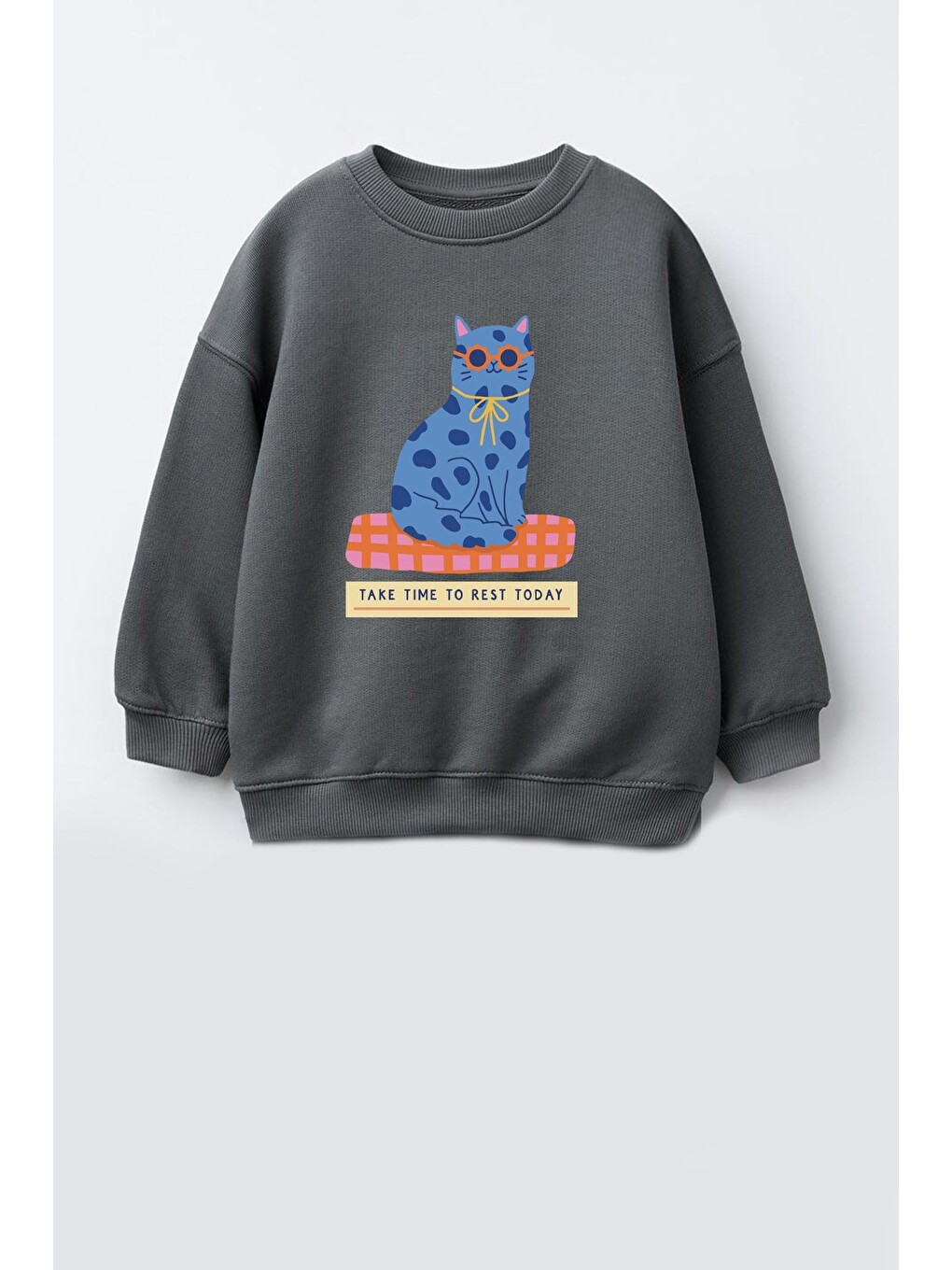 Antrasit Kız Çocuk 3 İplik Kumaş Pamuklu Kedi Baskılı Sweatshirt