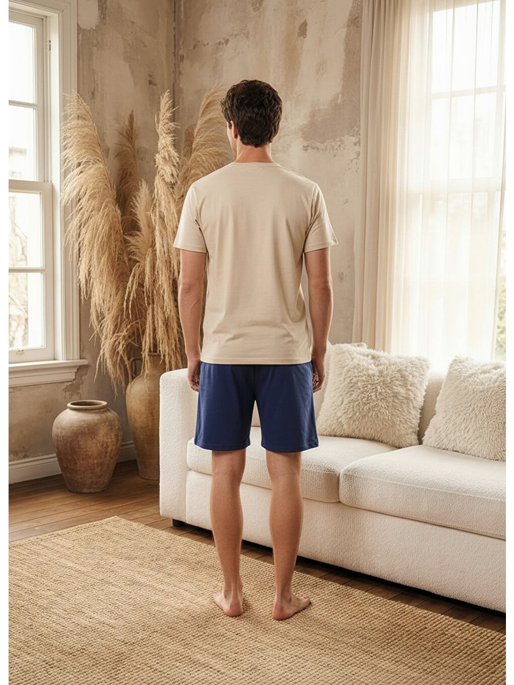 Ekru %100 Pamuklu Kısa Kollu Cepli Erkek Şortlu Pijama Takımı 2016-3