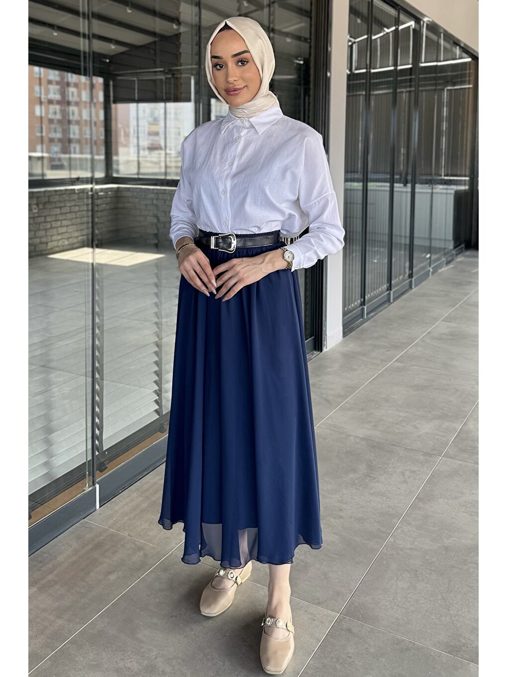 Lacivert Kemerli Tesettür Şifon Etek
