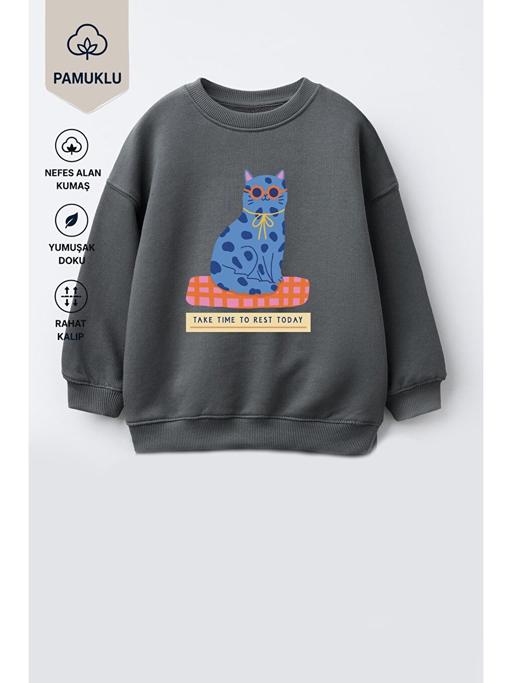 Antrasit Kız Çocuk 3 İplik Kumaş Pamuklu Kedi Baskılı Sweatshirt-1