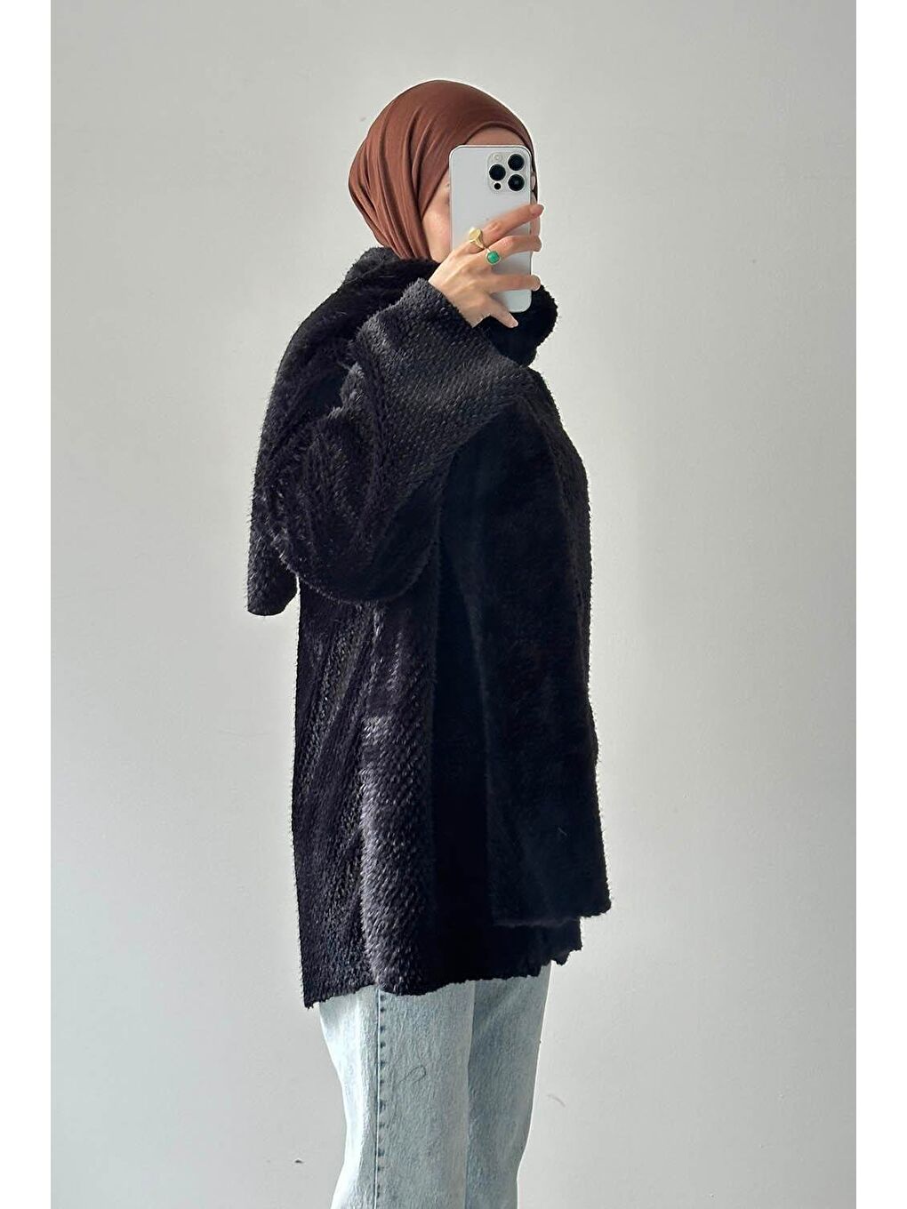 Pelüş Atkılı Mont Siyah-1