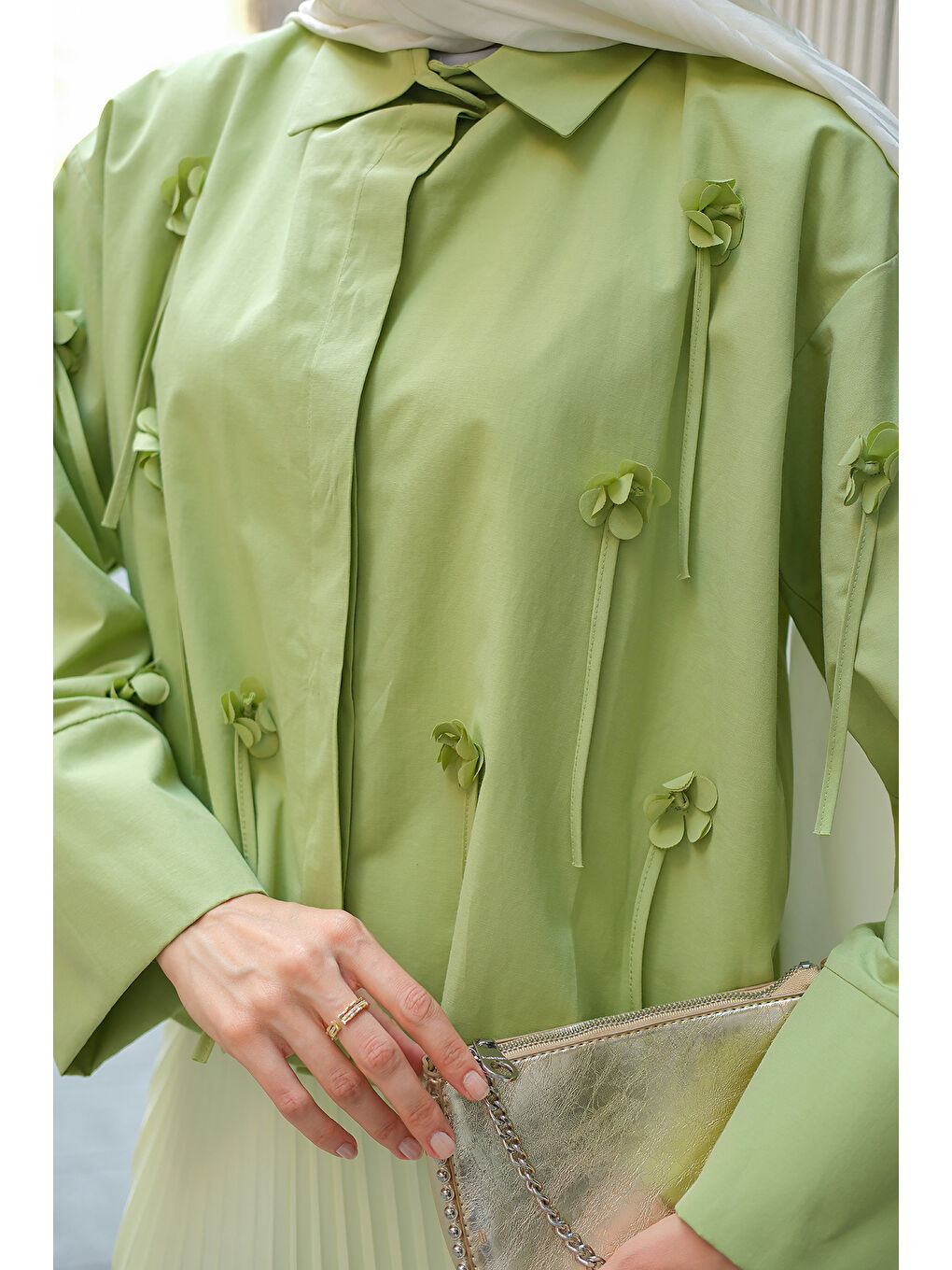 Kadın Çiçek Desenli Gömlek Fıstık Yeşil-2