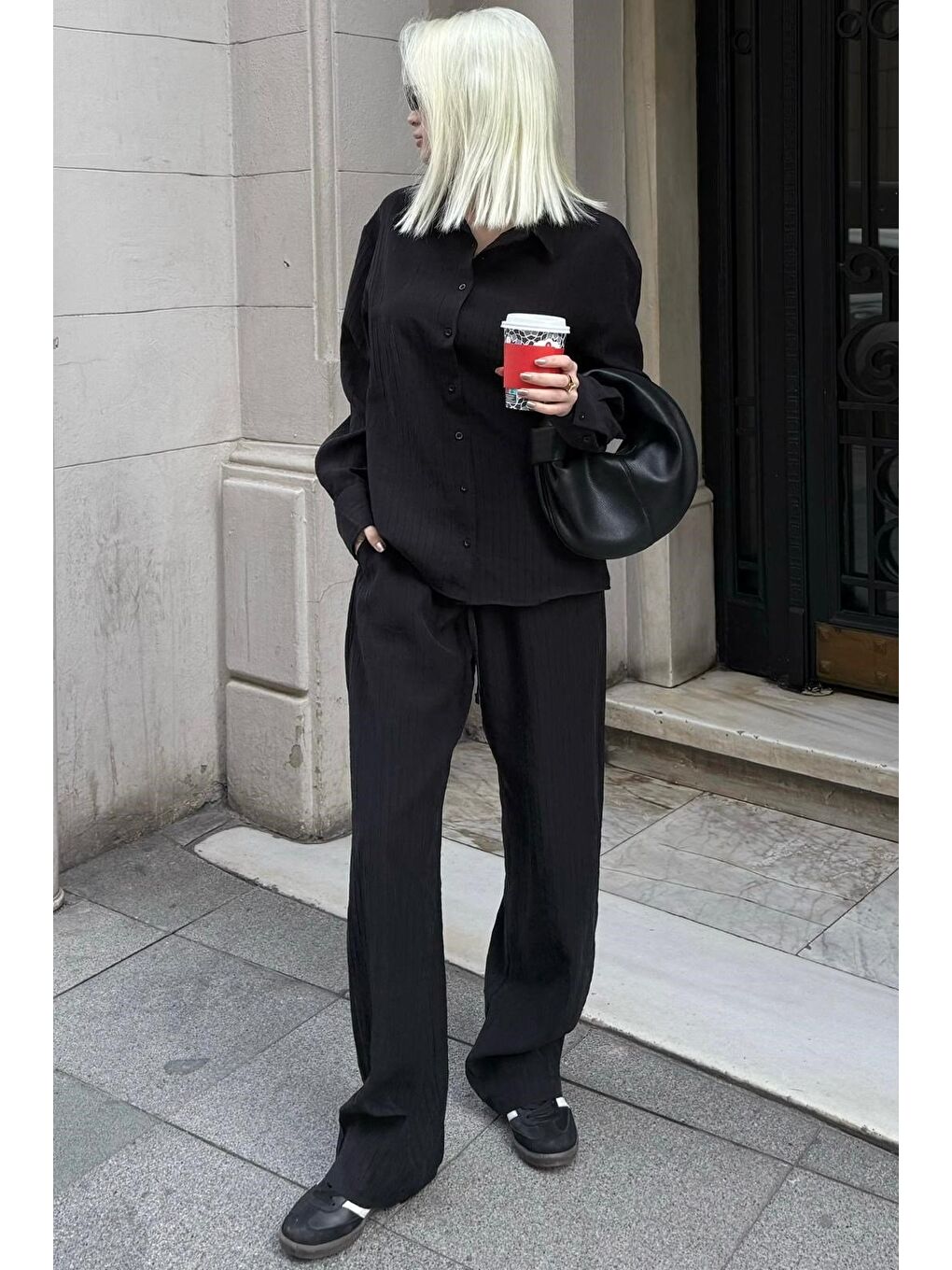 Siyah Çizgili Kadın Gömlek Takım Mg2695-4