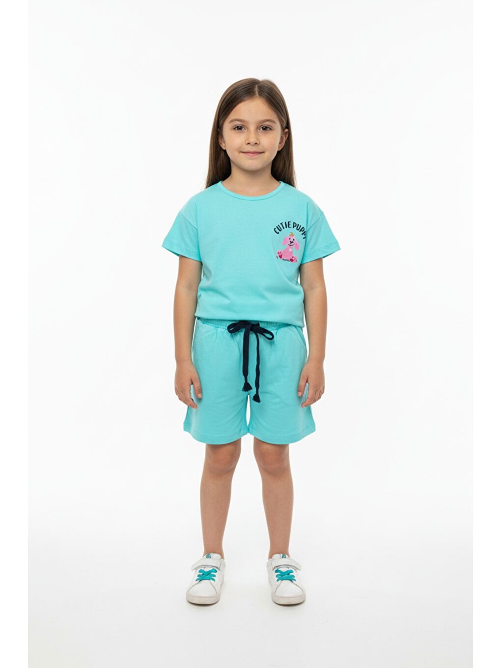 Yeşil Kız Çocuk 2'li Şortlu Takım Bisiklet Yaka Düşük Omuz Kısa Kollu Baskılı Tişört - Beli Lastikli Bağl