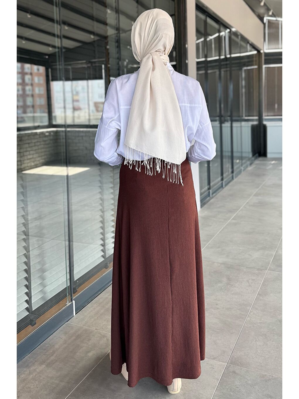 Kahverengi Kadın Düz Renk Bel Lastikli Bürümcük Tesettür Kiloş Etek-7