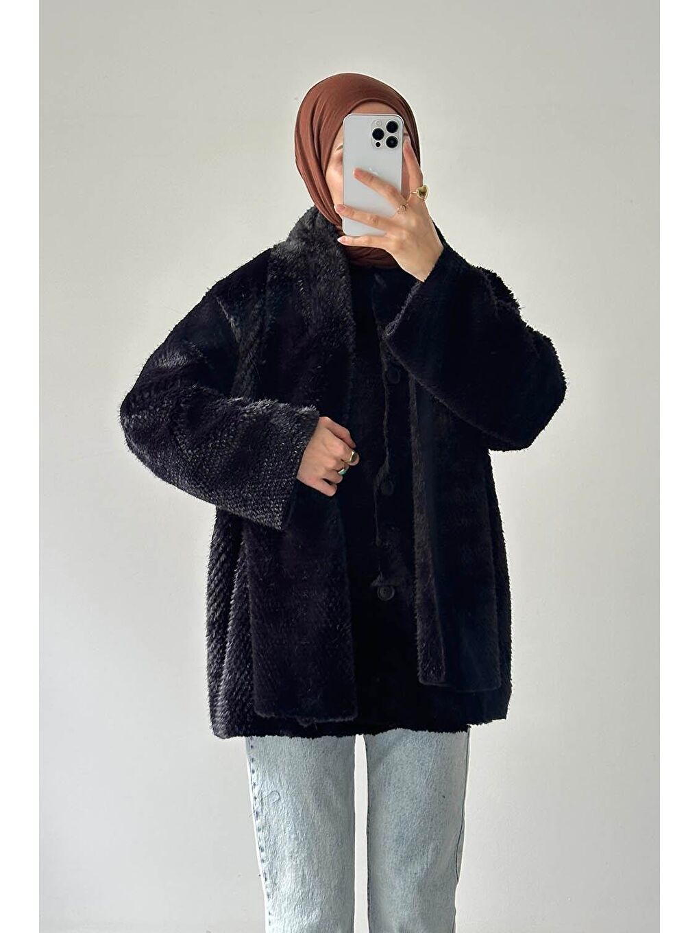 Pelüş Atkılı Mont Siyah-2