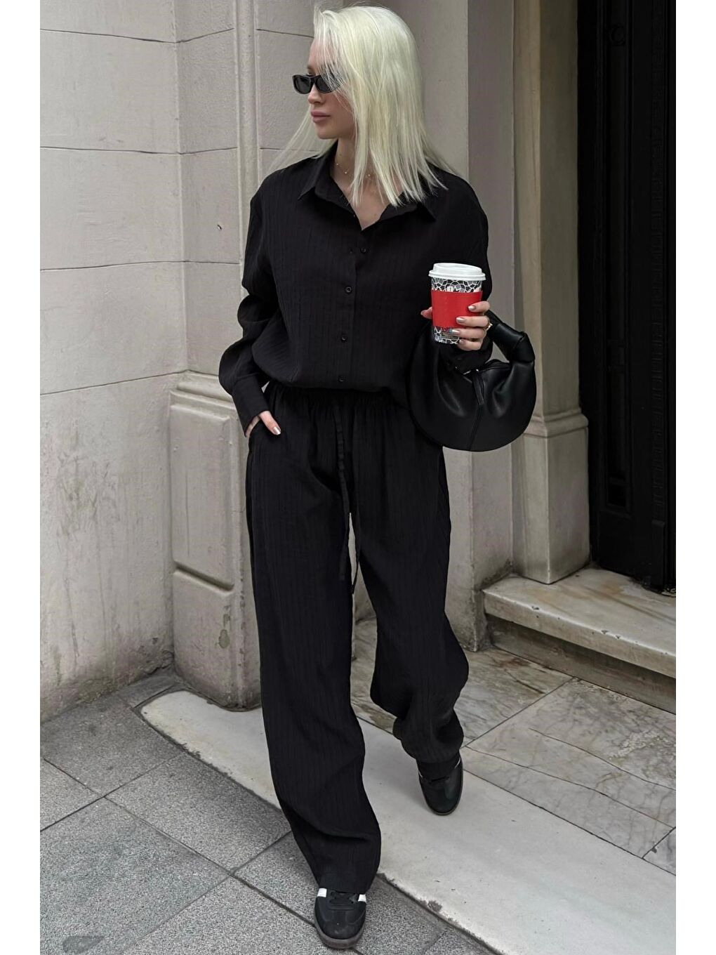 Siyah Çizgili Kadın Gömlek Takım Mg2695-5