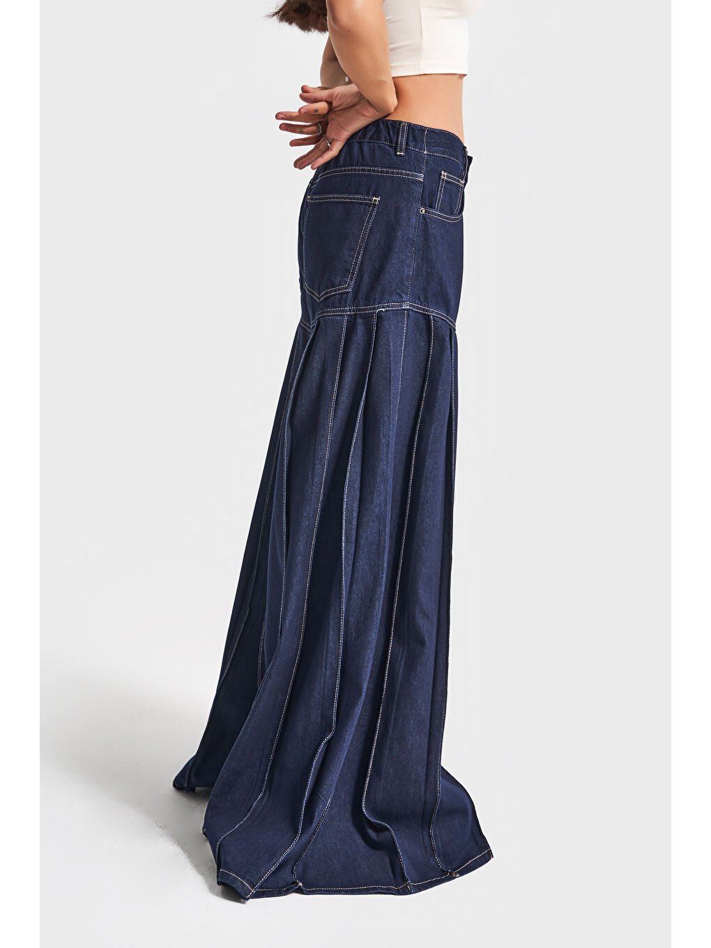 Kadın İndigo Renk 7w5-50 Elephant Leg Fit Süper Bol Kesim Viskon Kumaş Tasarım Denim Jean-1