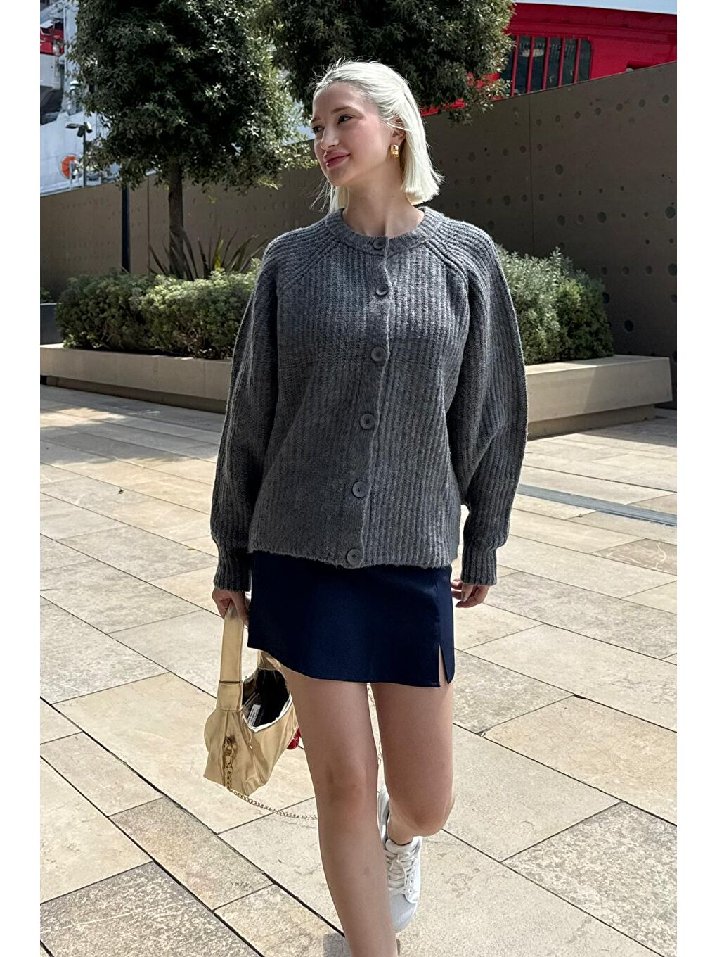 Antrasit Bisiklet Yaka Selanik Örgü Düğmeli Kadın Hırka Mg2487-5