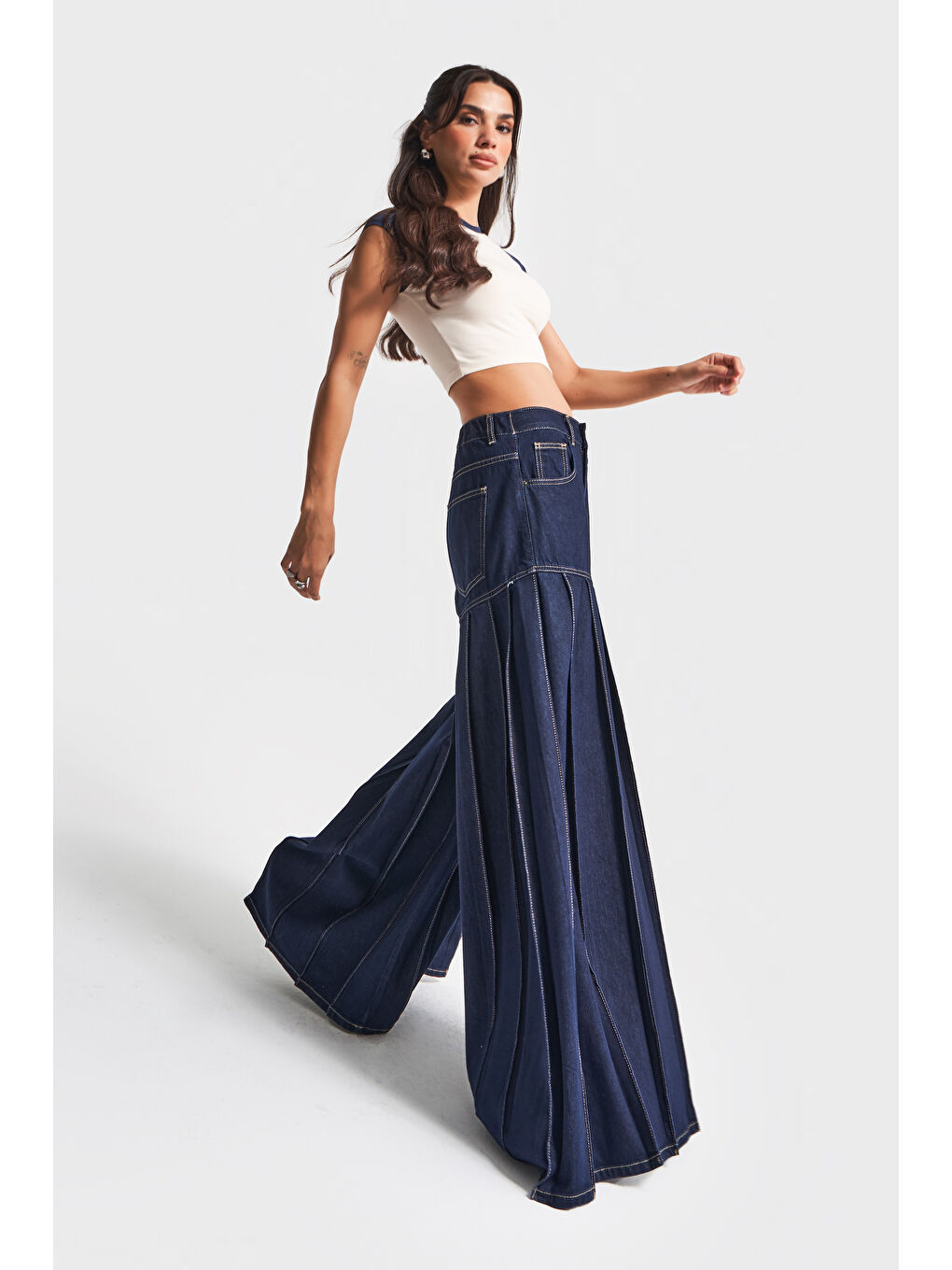 Kadın İndigo Renk 7w5-50 Elephant Leg Fit Süper Bol Kesim Viskon Kumaş Tasarım Denim Jean-2