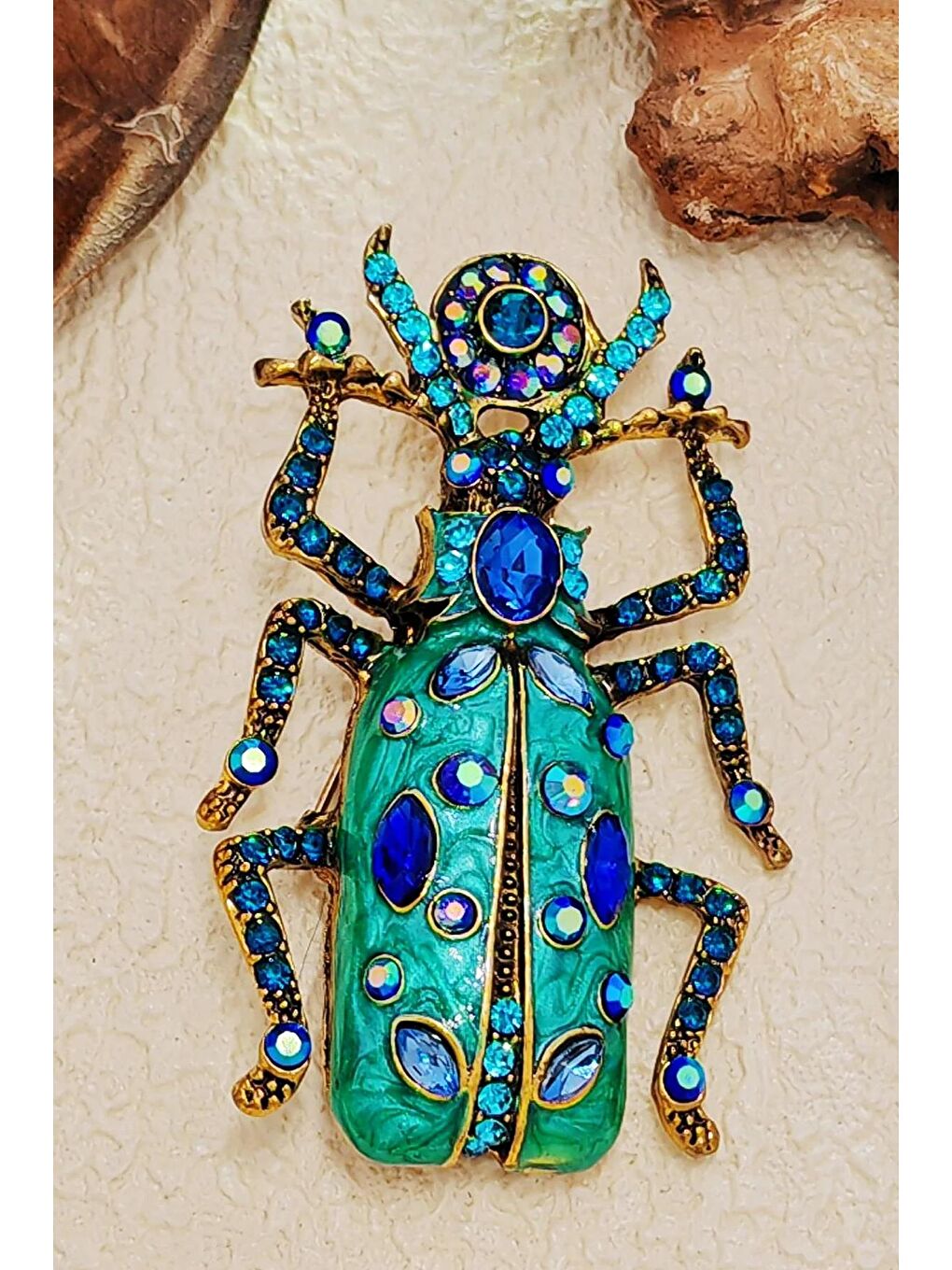 Mavi Mineli ve Taşlı Büyük Boy Antik Mısır Tespih Böceği Broş-5