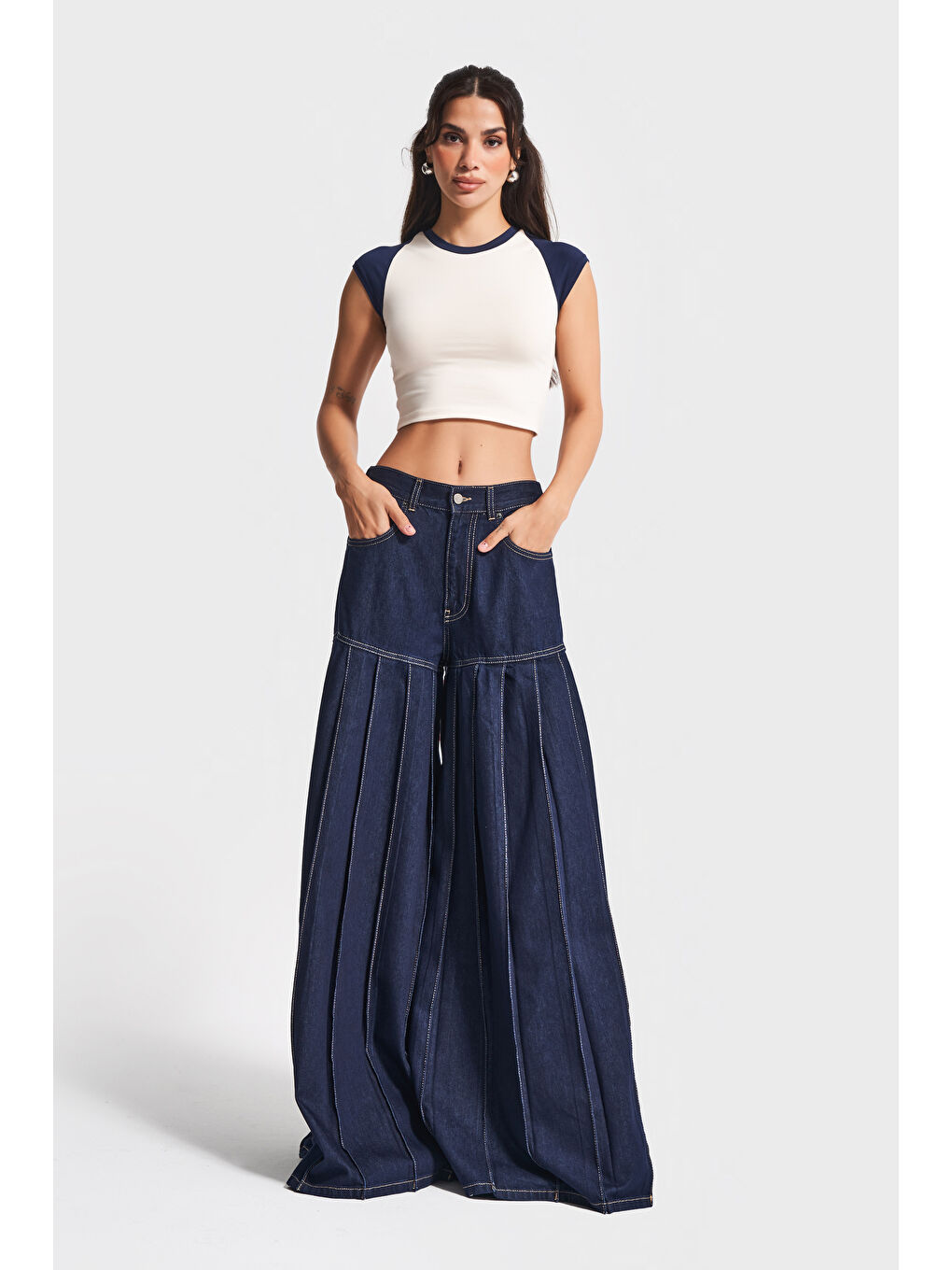 Kadın İndigo Renk 7w5-50 Elephant Leg Fit Süper Bol Kesim Viskon Kumaş Tasarım Denim Jean-3