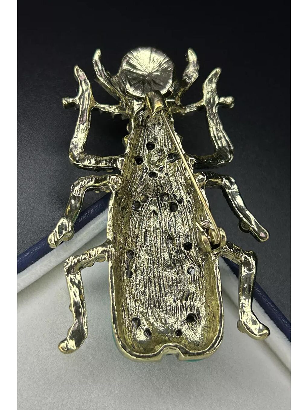 Mavi Mineli ve Taşlı Büyük Boy Antik Mısır Tespih Böceği Broş-8