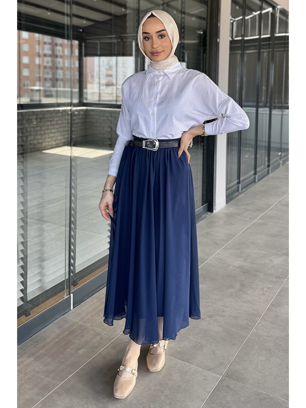 Lacivert Kemerli Tesettür Şifon Etek-3