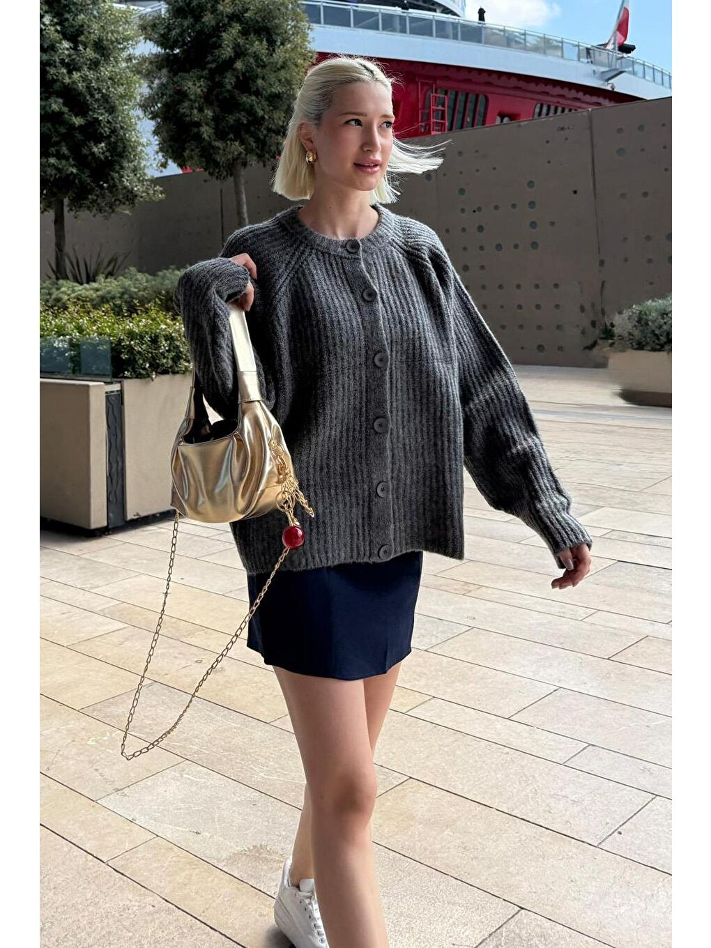 Antrasit Bisiklet Yaka Selanik Örgü Düğmeli Kadın Hırka Mg2487-6