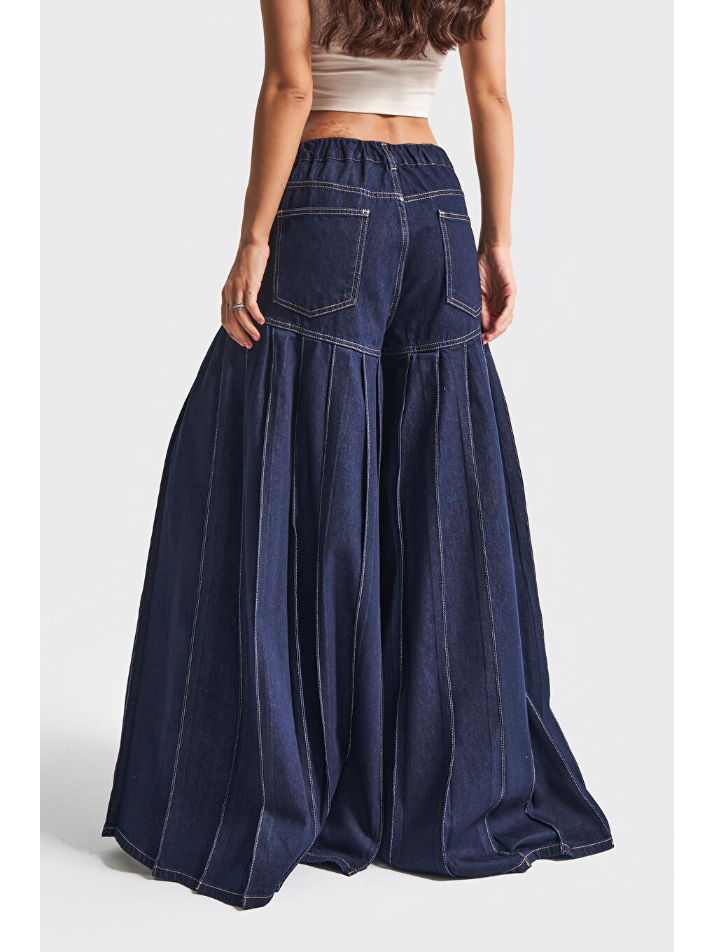 Kadın İndigo Renk 7w5-50 Elephant Leg Fit Süper Bol Kesim Viskon Kumaş Tasarım Denim Jean-4