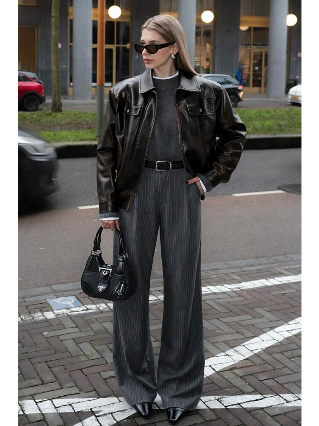 Antrasit Çizgili Yüksek Bel Pileli Kadın Kumaş Pantolon Mg2641