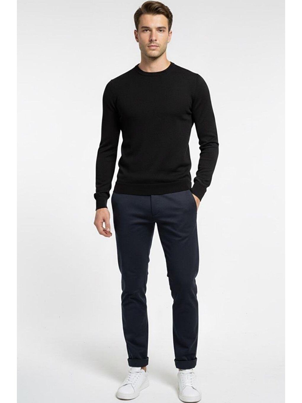 Siyah Regular Fit Pamuklu Bisiklet Yaka Erkek Triko Kazak-1