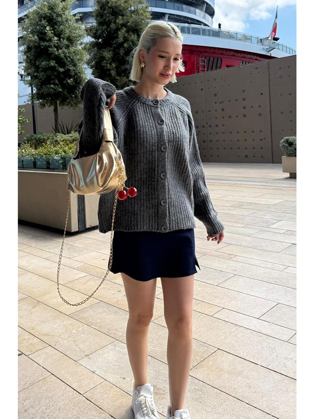 Antrasit Bisiklet Yaka Selanik Örgü Düğmeli Kadın Hırka Mg2487-7