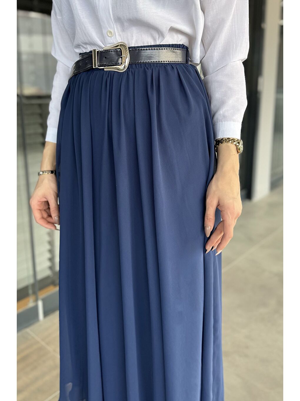 Lacivert Kemerli Tesettür Şifon Etek-5