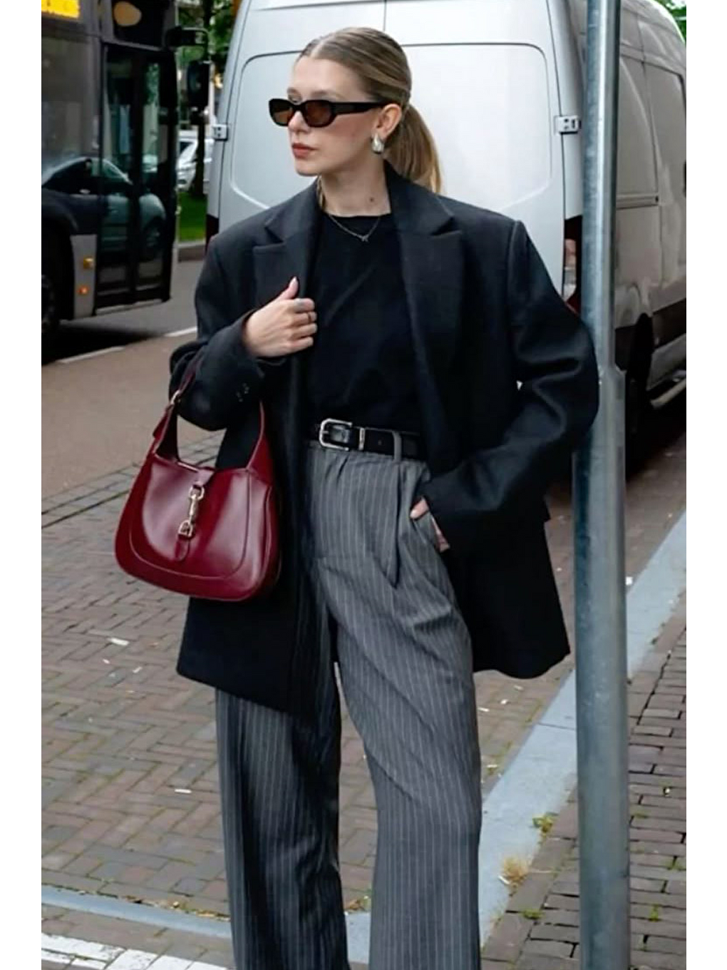 Antrasit Çizgili Yüksek Bel Pileli Kadın Kumaş Pantolon Mg2641-1