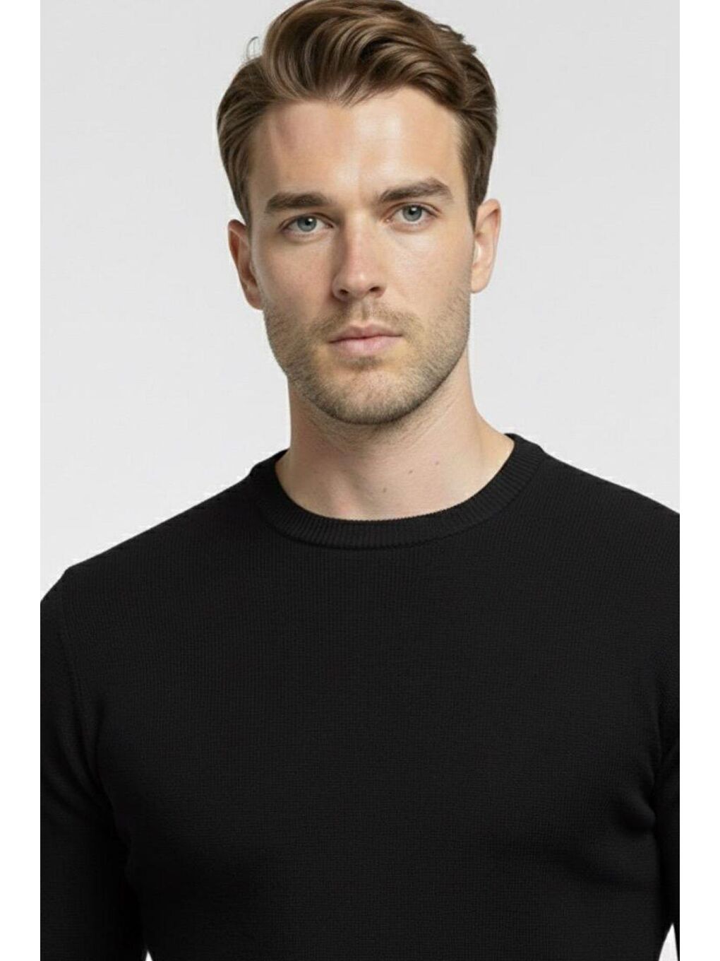 Siyah Regular Fit Pamuklu Bisiklet Yaka Erkek Triko Kazak-2