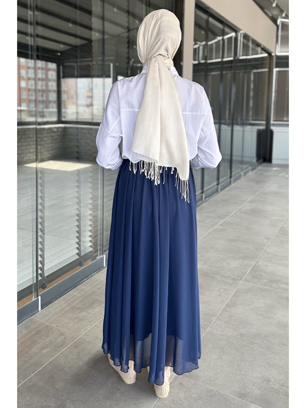 Lacivert Kemerli Tesettür Şifon Etek-7