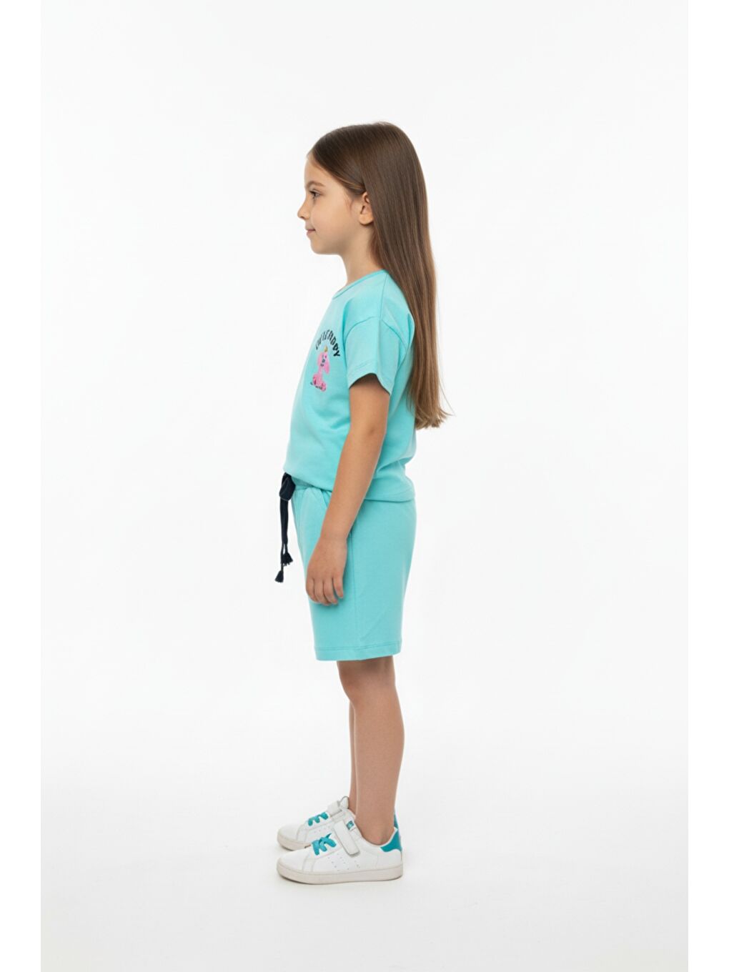 Yeşil Kız Çocuk 2'li Şortlu Takım Bisiklet Yaka Düşük Omuz Kısa Kollu Baskılı Tişört - Beli Lastikli Bağl-2