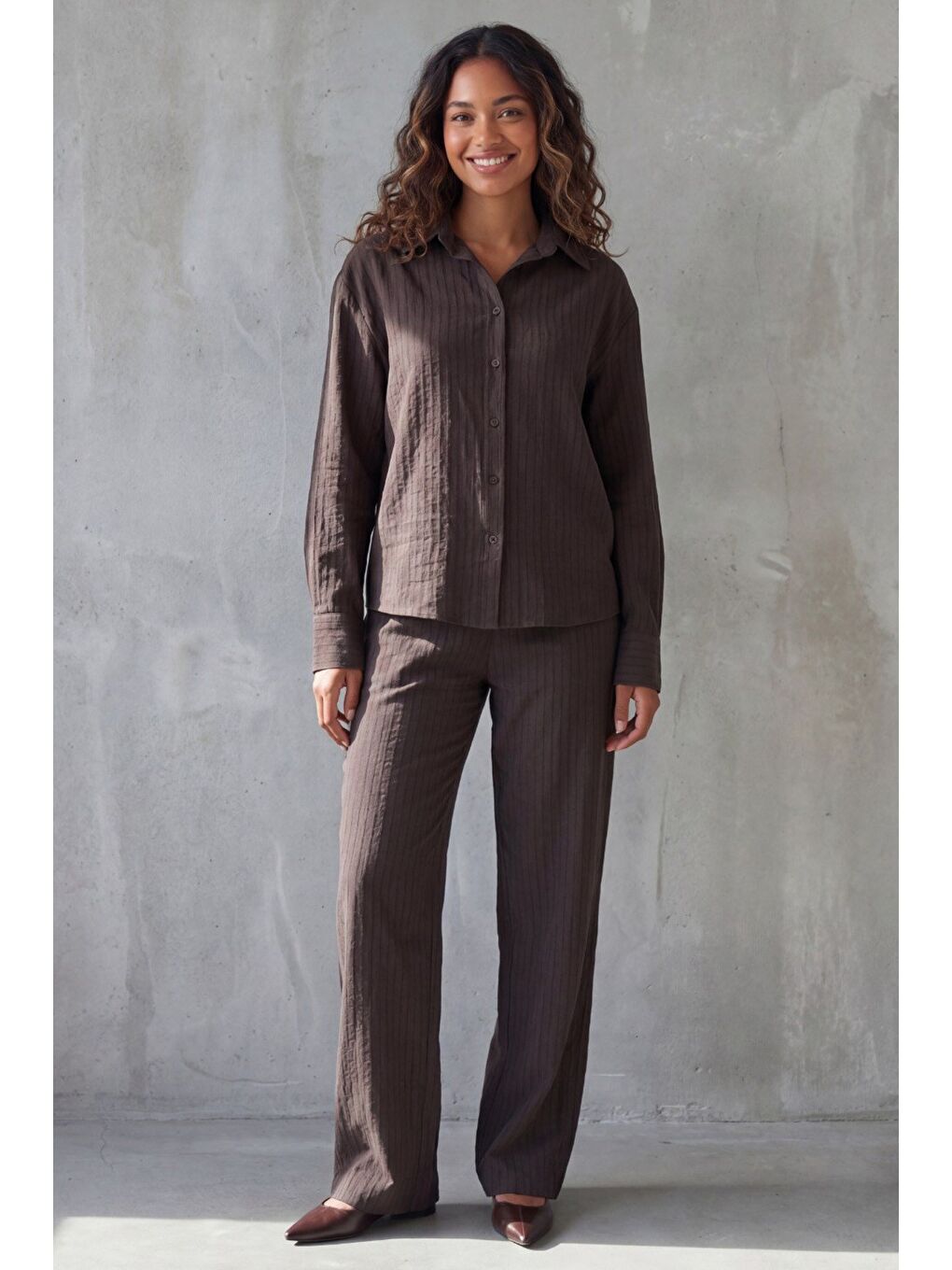 Acı Kahverengi Çizgili Kadın Gömlek Takım Mg2695