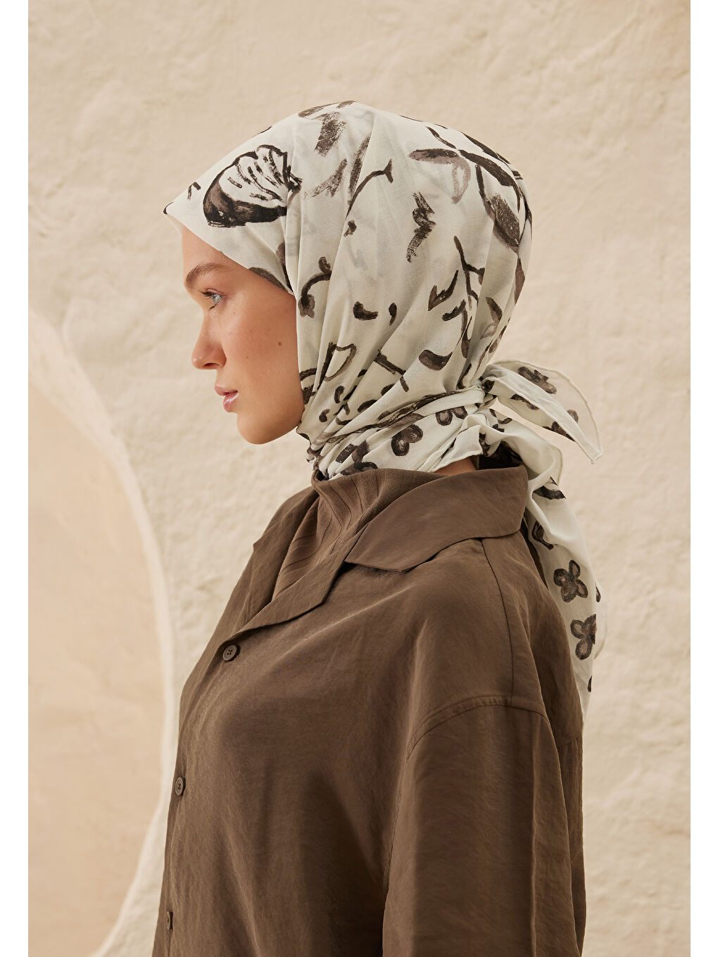 Bej Amore Desen Pamuk Vual Eşarp Kül-3