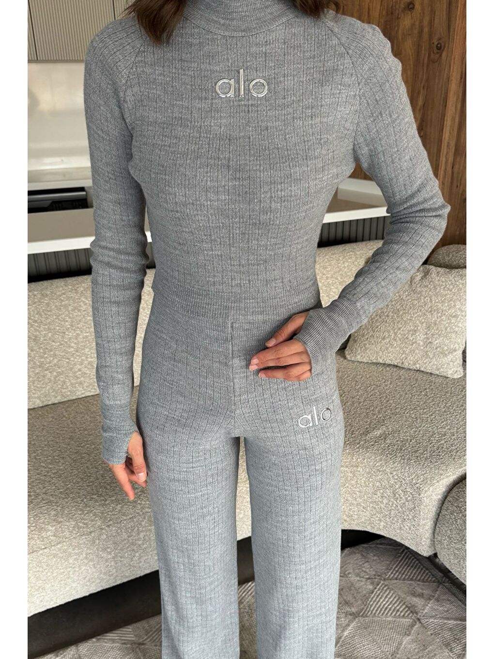 Gri Kadın Kendinden Çizgi Desenli Triko Bluz Pantolon İkili Takım (s-m-l Beden Uyumludur.)-3