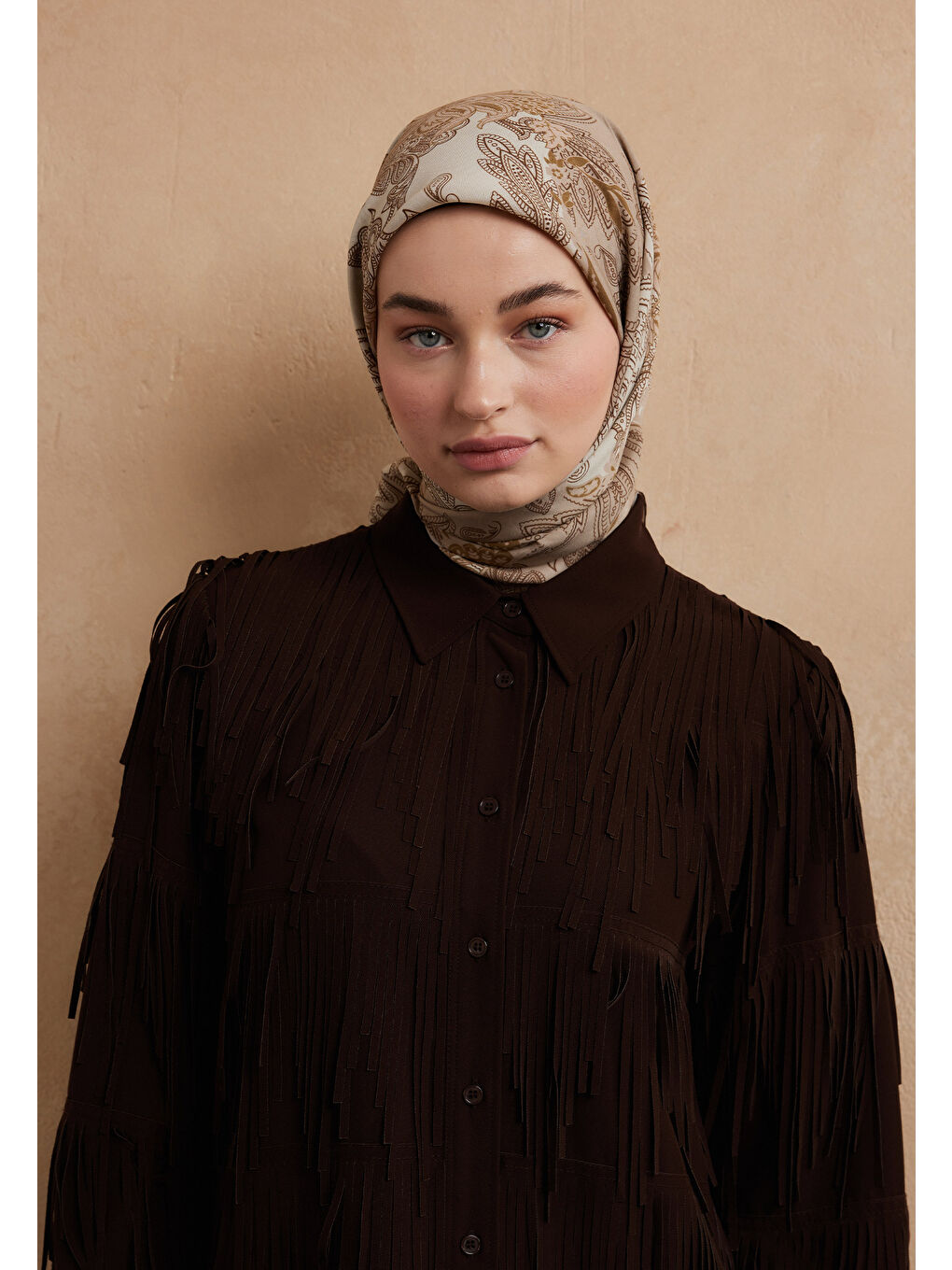 Darıa Desen Pamuk İpek Eşarp Kum Beji-1